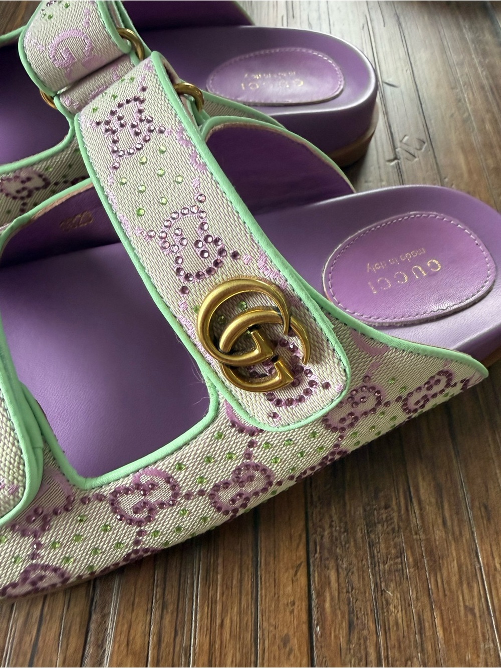 Gucci Moritz Slide GG Crystal Canvas Slide Sandals EU40 Purple Green - Picture 6 of 10